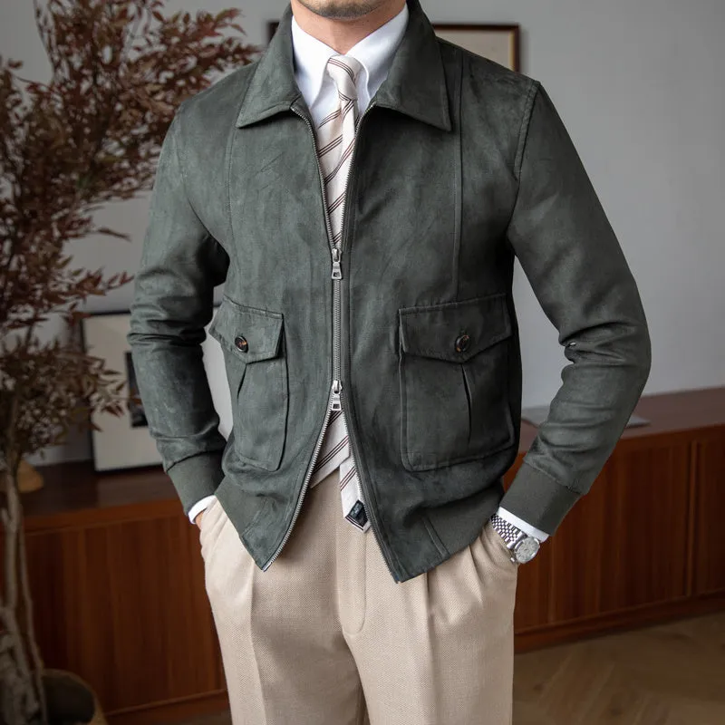 Men's suede coffee bomber jacket in dark brown with zip front and flap closure