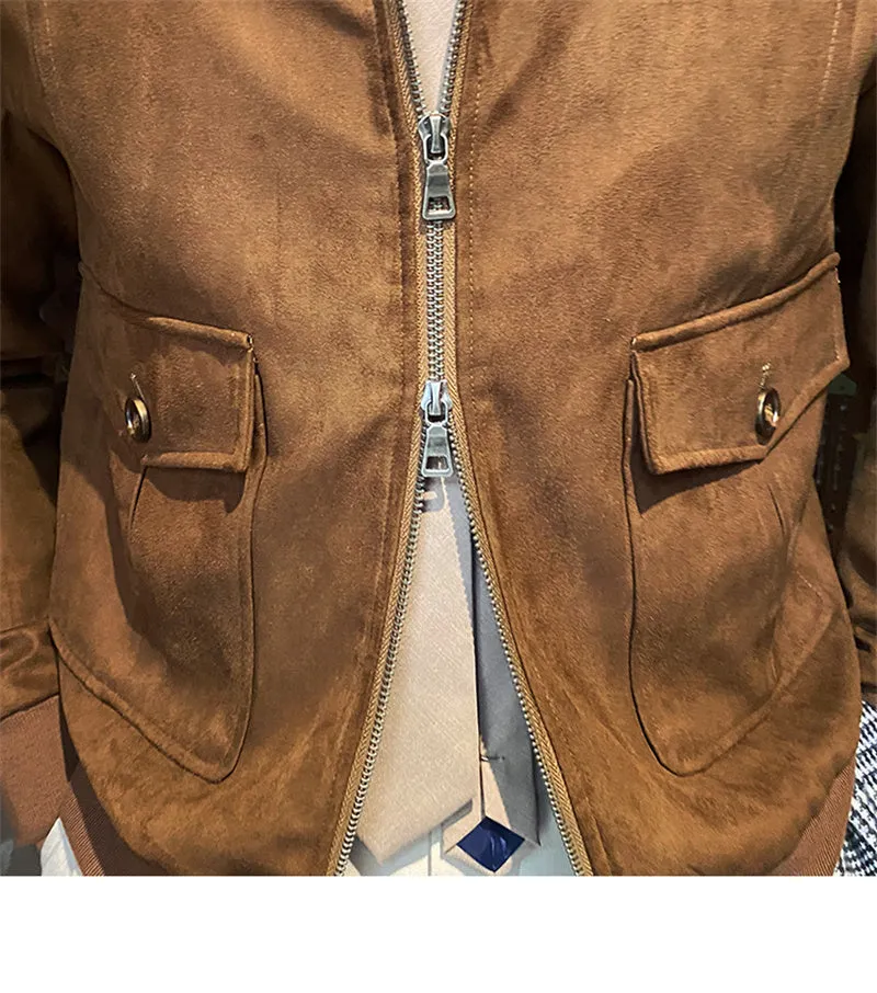 Men's suede coffee bomber jacket in dark brown with zip front and flap closure