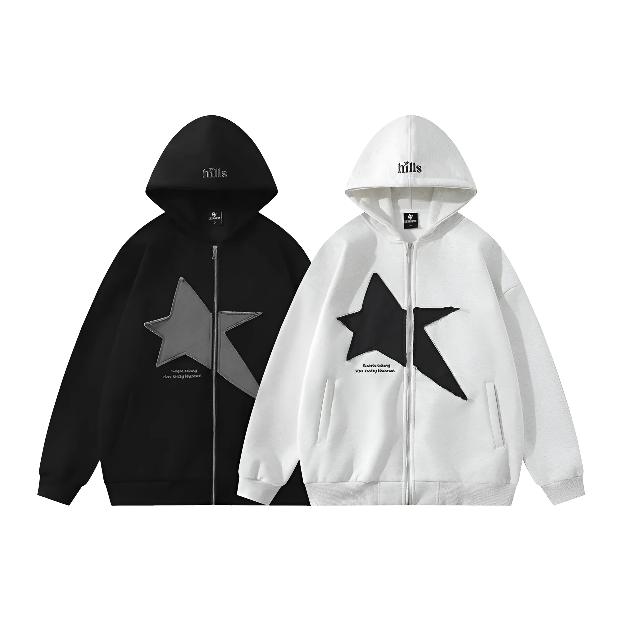 Men's pentagram geometry paste cloth embroidery hooded cardigan sweater in cotton blend loose fit black color