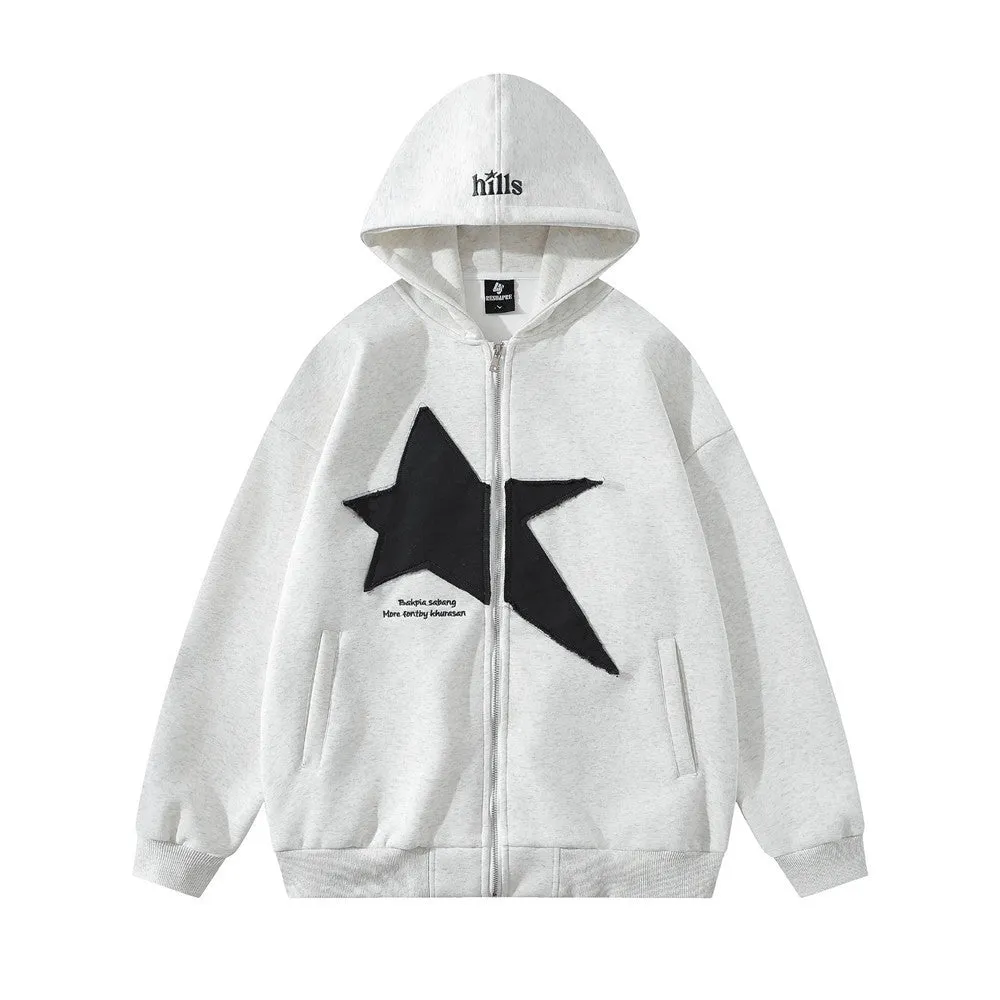 Men's pentagram geometry paste cloth embroidery hooded cardigan sweater in cotton blend loose fit black color