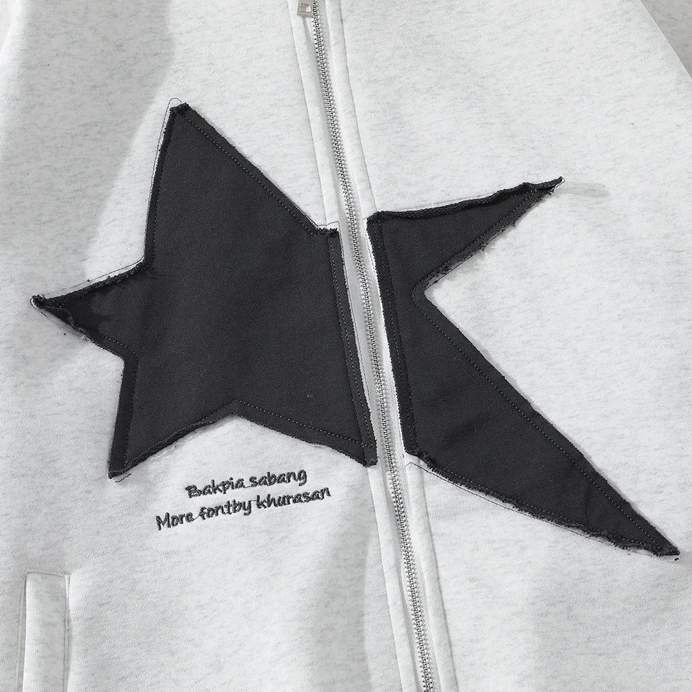 Men's pentagram geometry paste cloth embroidery hooded cardigan sweater in cotton blend loose fit black color