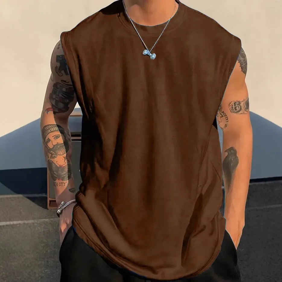 Men's loose cotton tank top in solid colours showing straight hem design and sleeveless cut