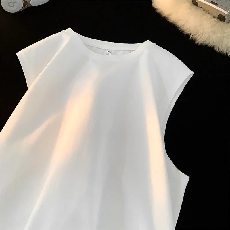 Men's loose cotton tank top in solid colours showing straight hem design and sleeveless cut