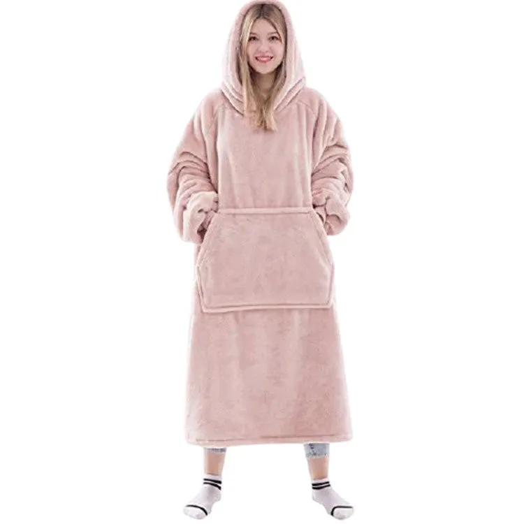Flannel thick warm blanket hoodie for women in solid colour with front pocket and long sleeves