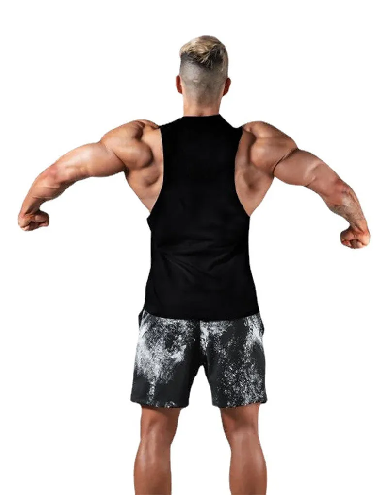 Black short-sleeved round neck men's fitness vest with straight fit on a white background