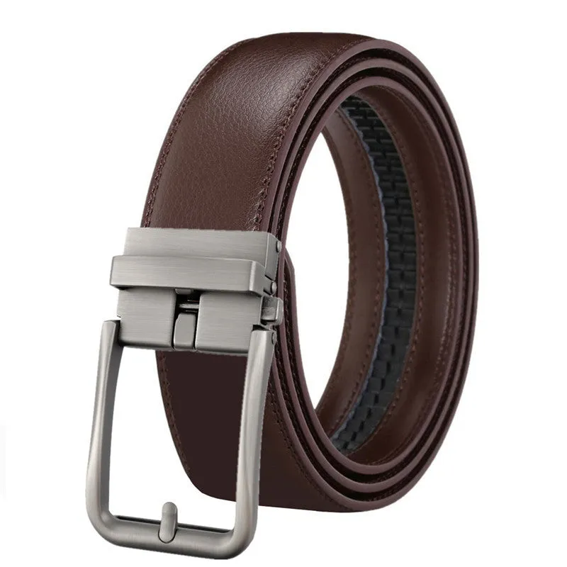 Men's genuine leather belt with automatic alloy buckle, available in multiple colours and lengths