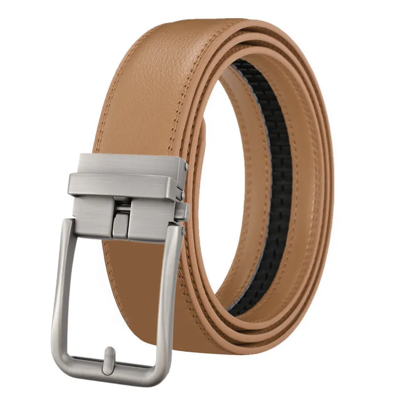 Men's genuine leather belt with automatic alloy buckle, available in multiple colours and lengths