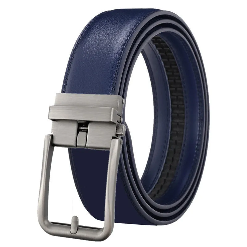 Men's genuine leather belt with automatic alloy buckle, available in multiple colours and lengths