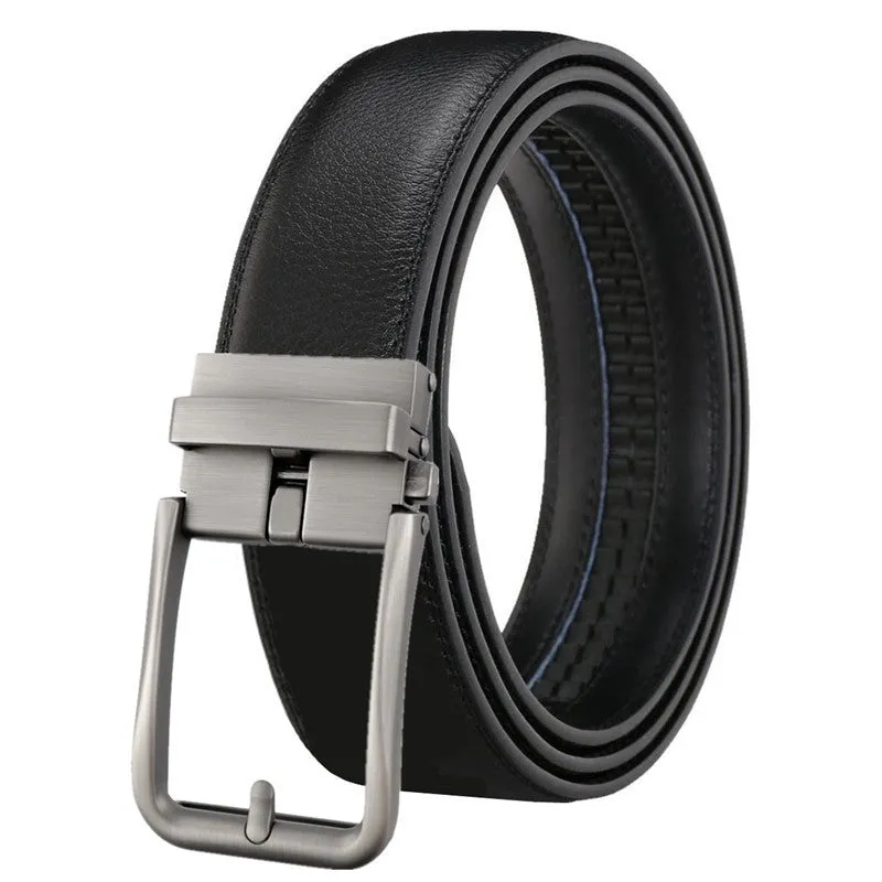 Men's genuine leather belt with automatic alloy buckle, available in multiple colours and lengths
