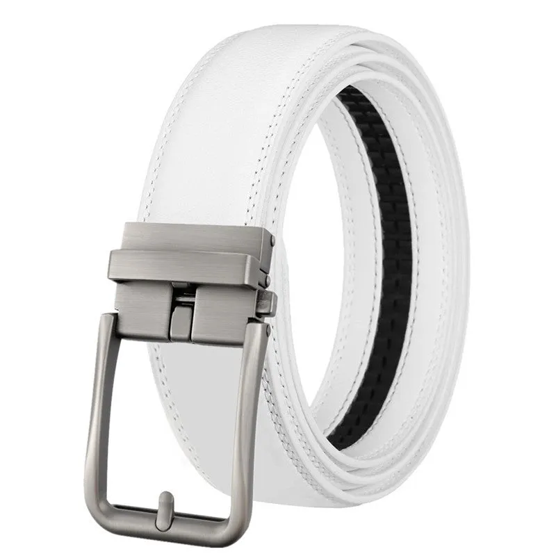 Men's genuine leather belt with automatic alloy buckle, available in multiple colours and lengths