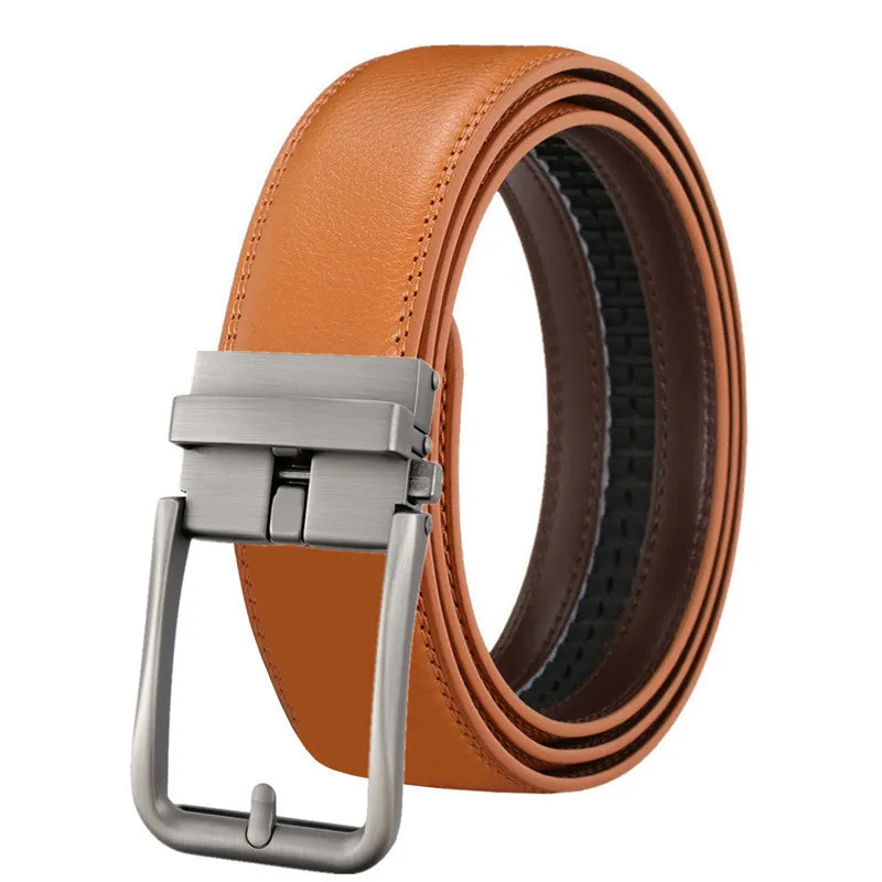 Men's genuine leather belt with automatic alloy buckle, available in multiple colours and lengths
