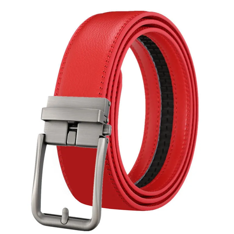 Men's genuine leather belt with automatic alloy buckle, available in multiple colours and lengths