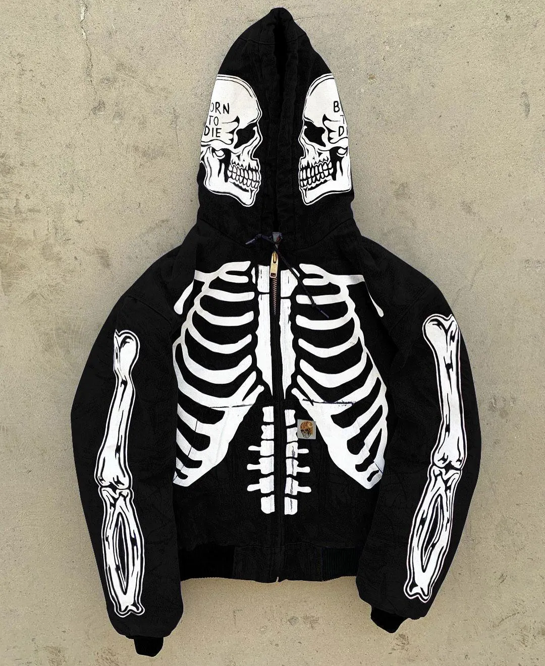 Men's skeleton hoodie with full-face zip and front screen print in polyester fleece, black colour