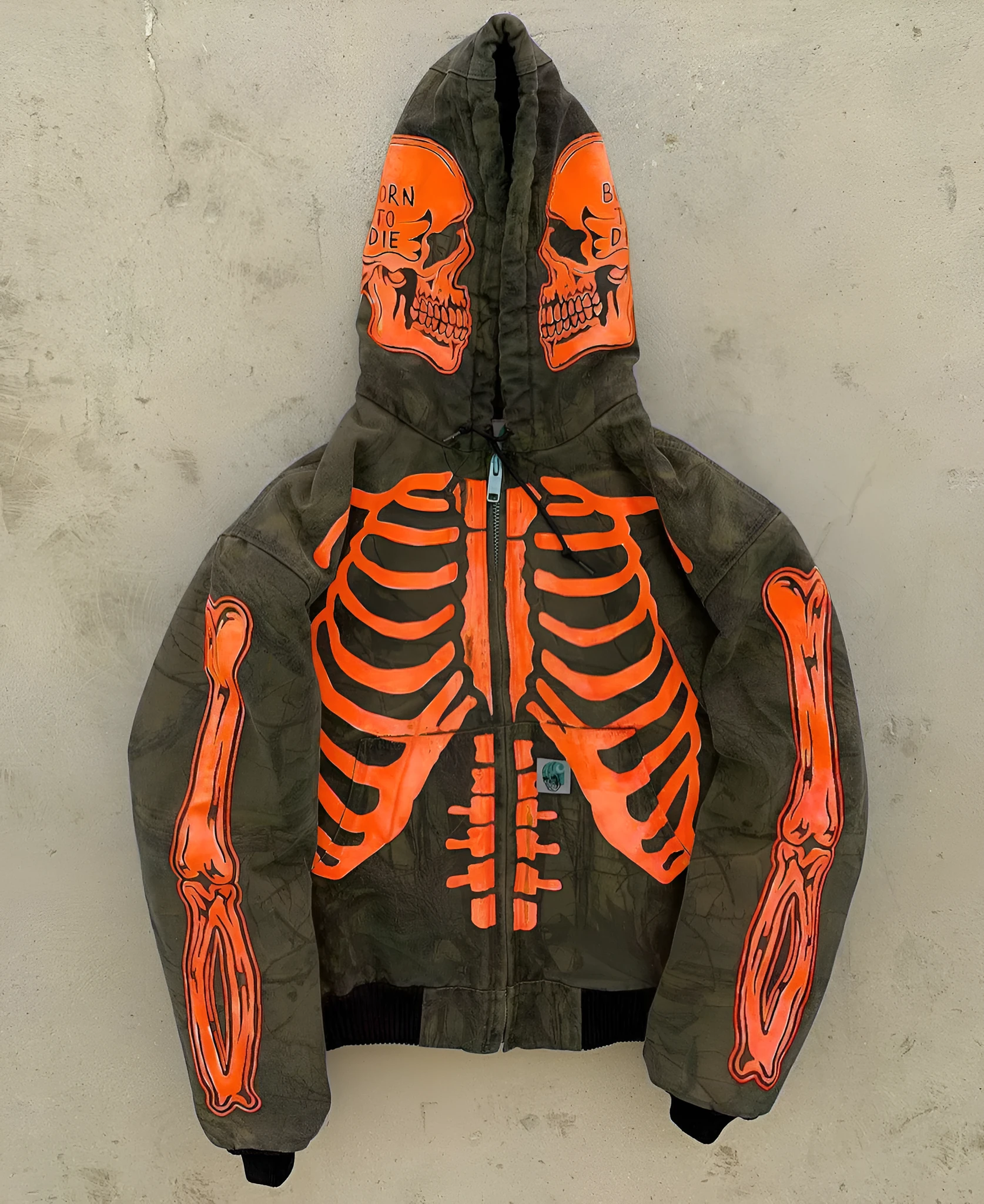 Men's skeleton hoodie with full-face zip and front screen print in polyester fleece, black colour