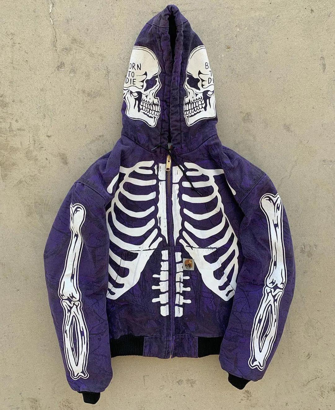 Men's skeleton hoodie with full-face zip and front screen print in polyester fleece, black colour
