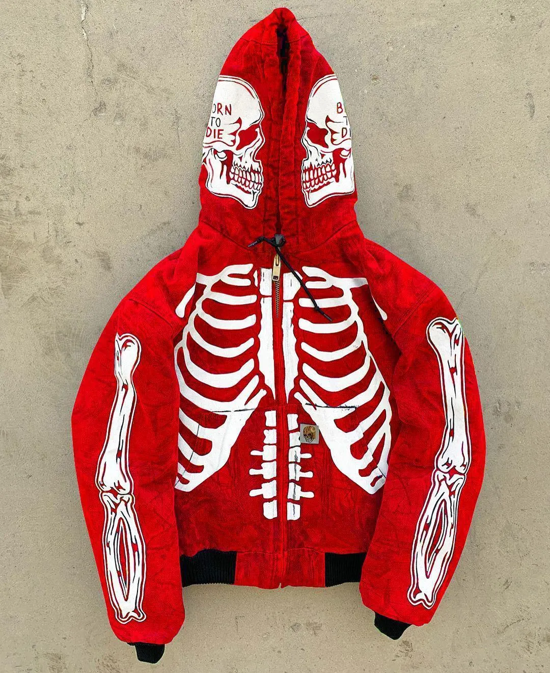 Men's skeleton hoodie with full-face zip and front screen print in polyester fleece, black colour