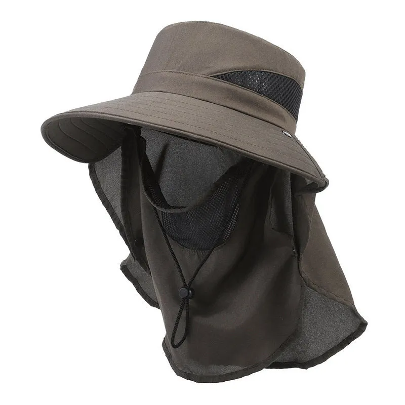 Men's grey fisherman hat with wide brim, shown from the side on a wooden post outdoors.