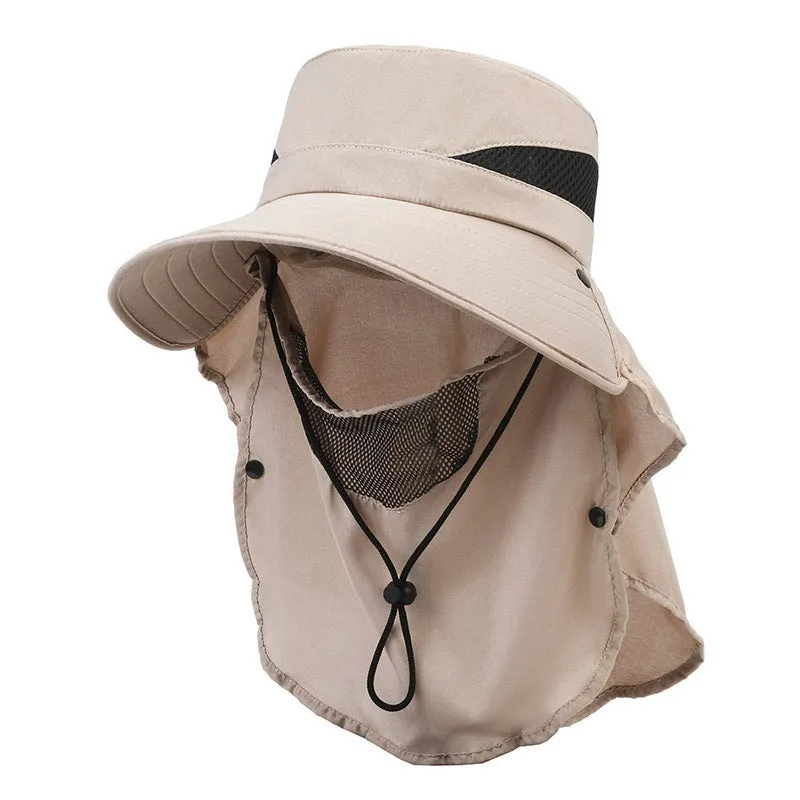 Men's grey fisherman hat with wide brim, shown from the side on a wooden post outdoors.