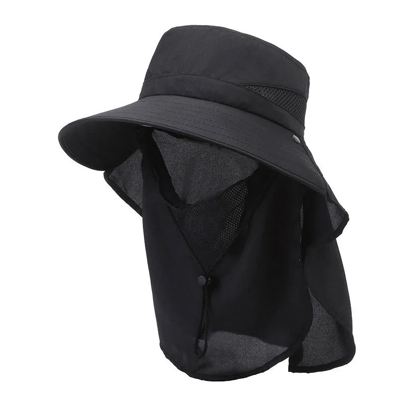 Men's grey fisherman hat with wide brim, shown from the side on a wooden post outdoors.