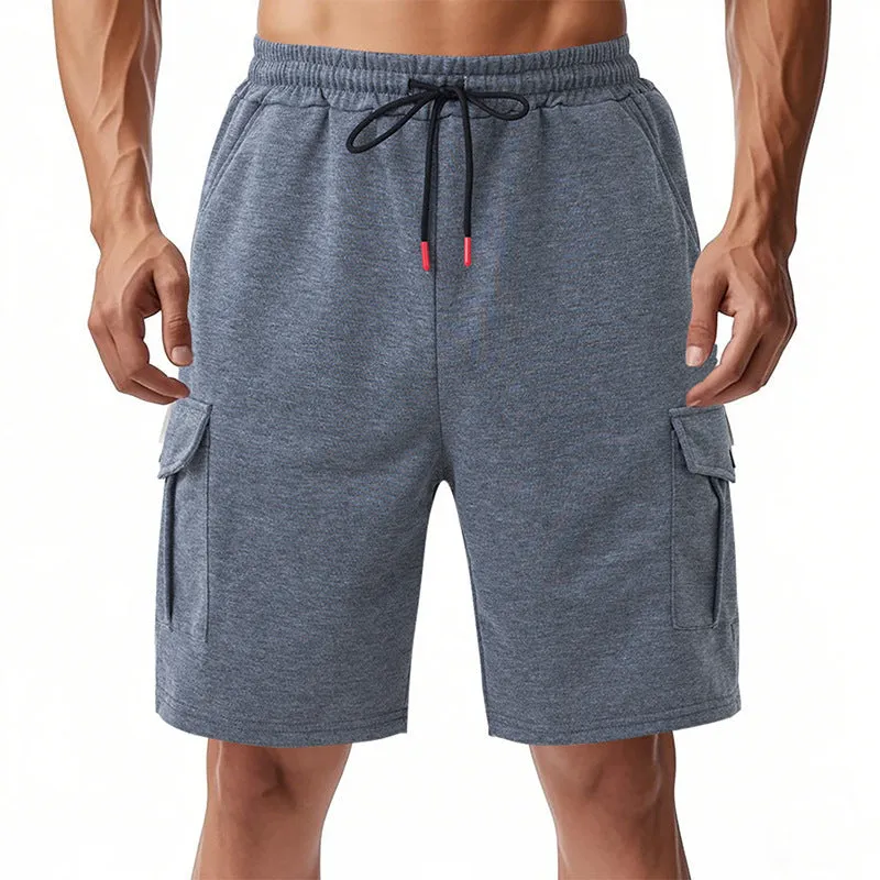 Men's heavy grey terry cloth cargo shorts with multiple pockets, shown in a loose fit for summer sports.