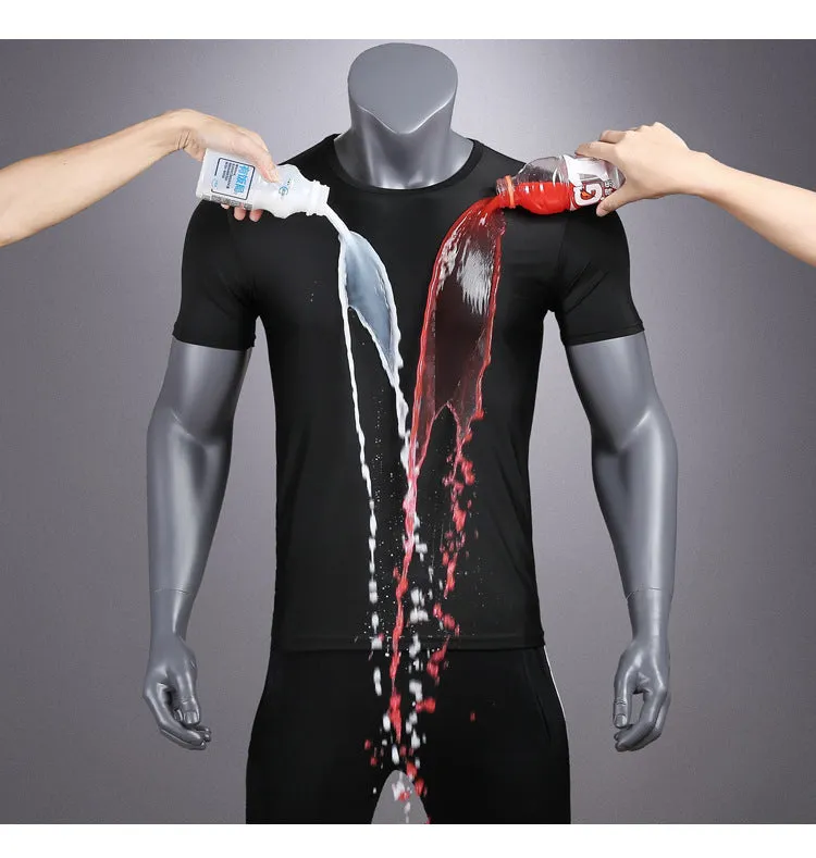 Sports waterproof breathable anti-fouling T-shirt in black with round neck, mesh quick-drying polyester fabric