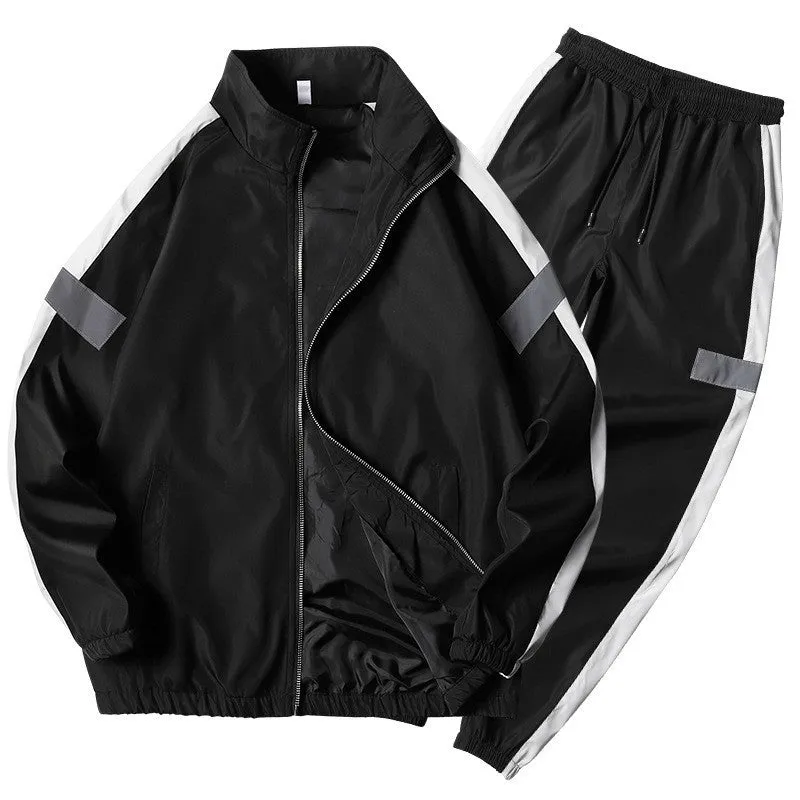 Reflective track suit in black polyester with reflective strips, front view