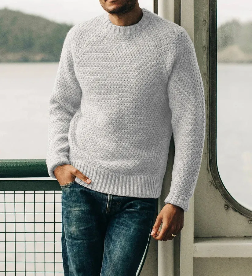 Men's loose fit thick wool round neck pullover sweater in solid colour casual winter top