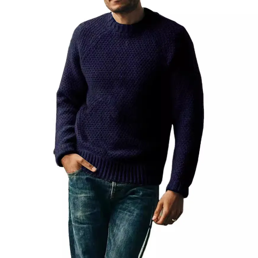 Men's loose fit thick wool round neck pullover sweater in solid colour casual winter top