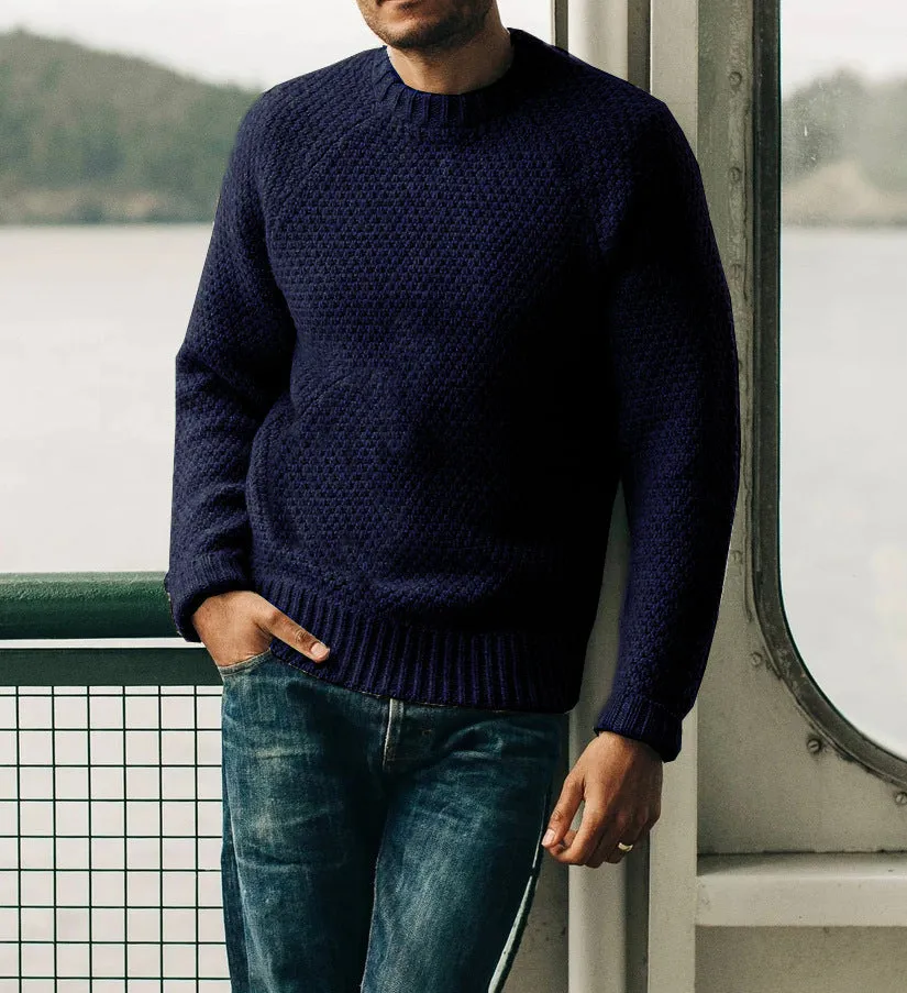 Men's loose fit thick wool round neck pullover sweater in solid colour casual winter top