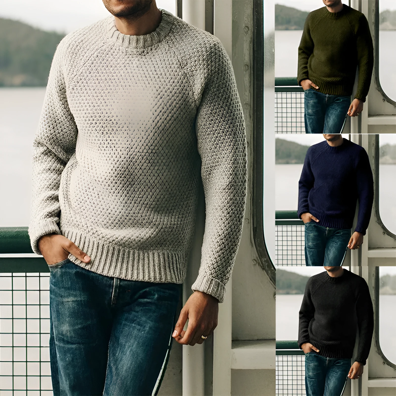 Men's loose fit thick wool round neck pullover sweater in solid colour casual winter top
