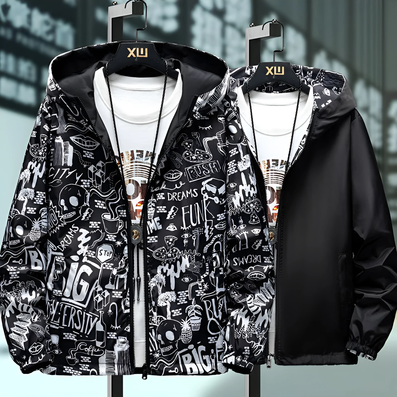 Men's loose fit reversible jacket with solid colour and flower pattern in black, front view