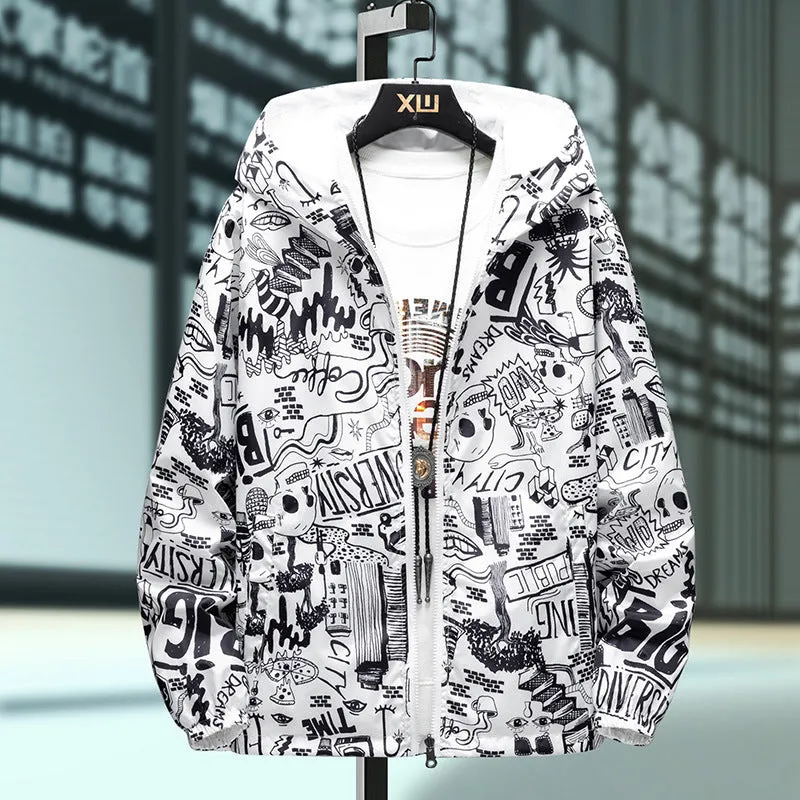 Men's loose fit reversible jacket with solid colour and flower pattern in black, front view