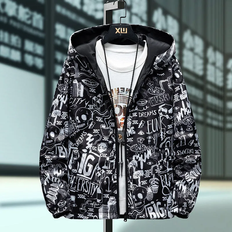 Men's loose fit reversible jacket with solid colour and flower pattern in black, front view