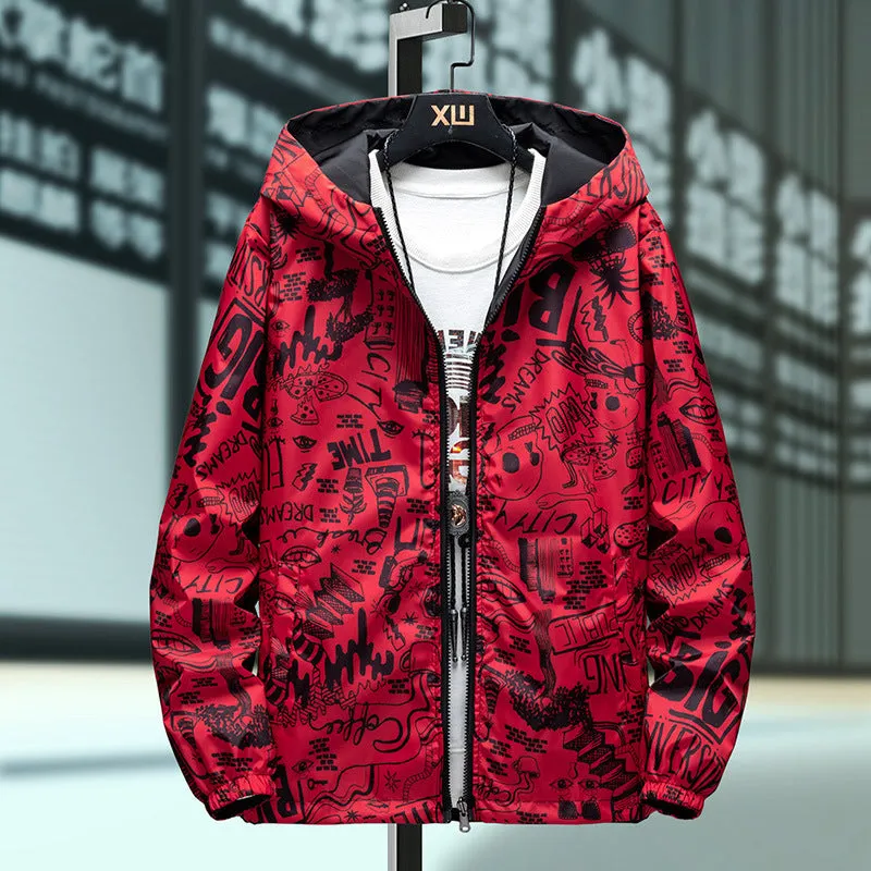 Men's loose fit reversible jacket with solid colour and flower pattern in black, front view