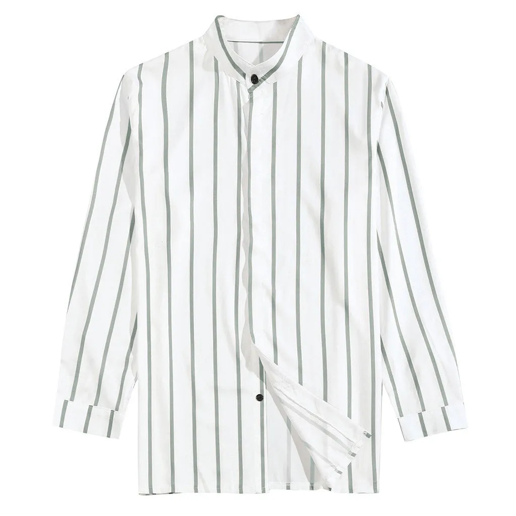 Men's striped wide lapel button cardigan long sleeve casual shirt in blue summer cotton polyester