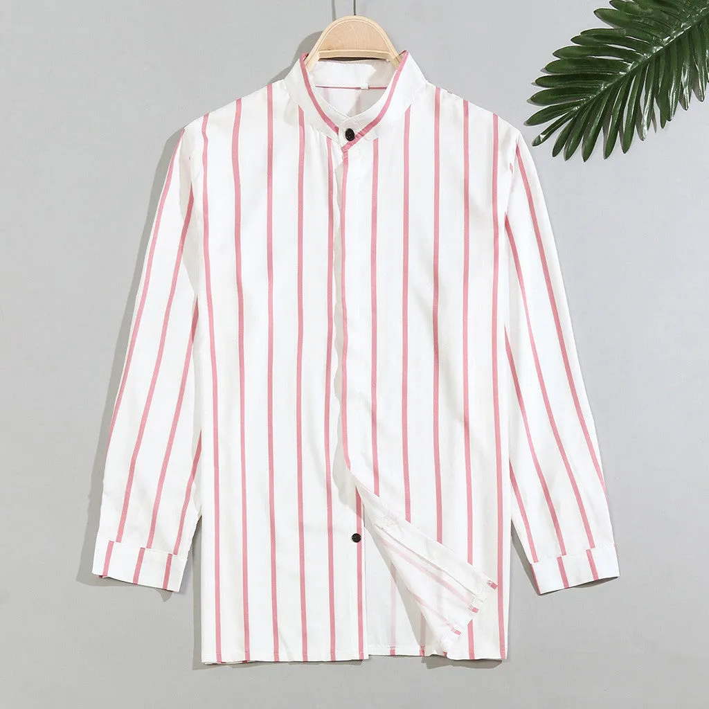Men's striped wide lapel button cardigan long sleeve casual shirt in blue summer cotton polyester