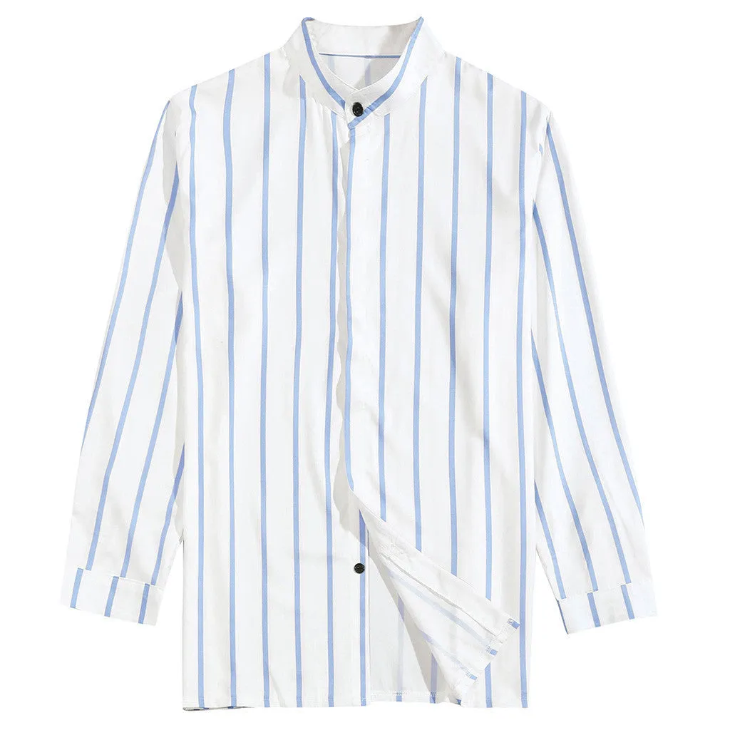Men's striped wide lapel button cardigan long sleeve casual shirt in blue summer cotton polyester