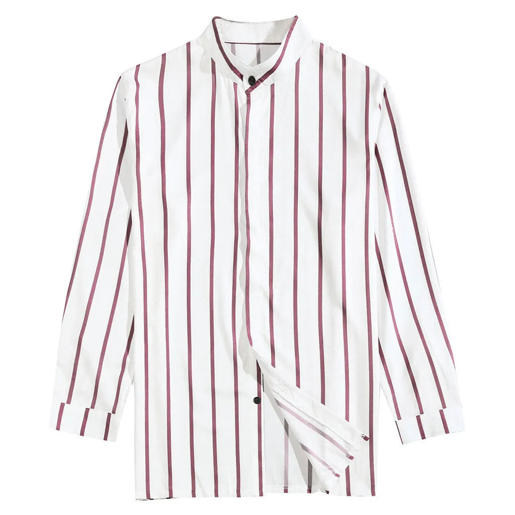 Men's striped wide lapel button cardigan long sleeve casual shirt in blue summer cotton polyester