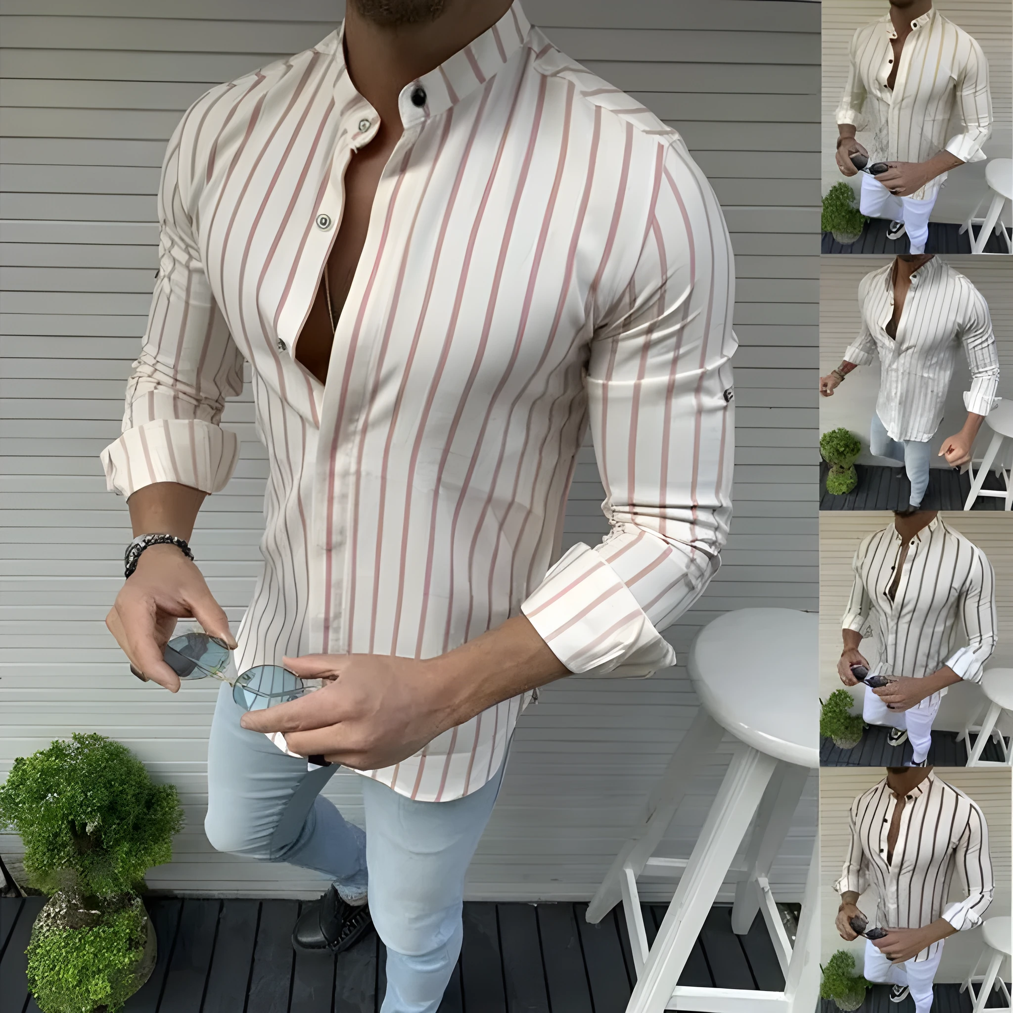 Men's striped wide lapel button cardigan long sleeve casual shirt in blue summer cotton polyester