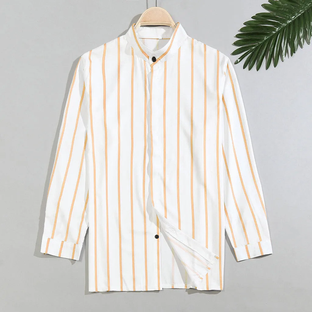 Men's striped wide lapel button cardigan long sleeve casual shirt in blue summer cotton polyester