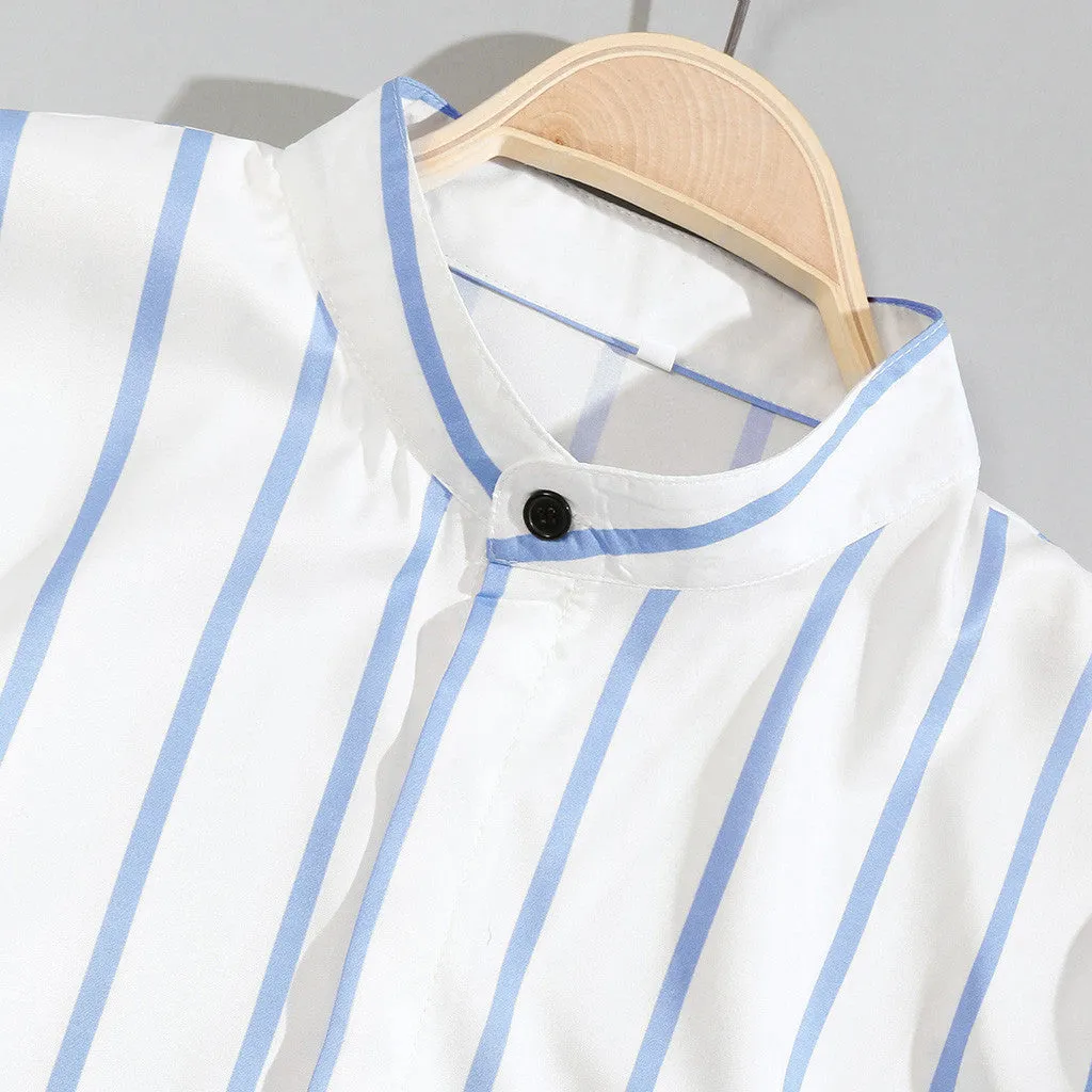 Men's striped wide lapel button cardigan long sleeve casual shirt in blue summer cotton polyester