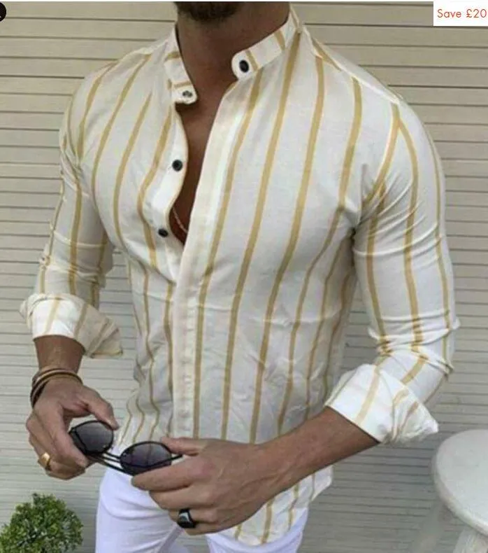 Men's striped wide lapel button cardigan long sleeve casual shirt in blue summer cotton polyester