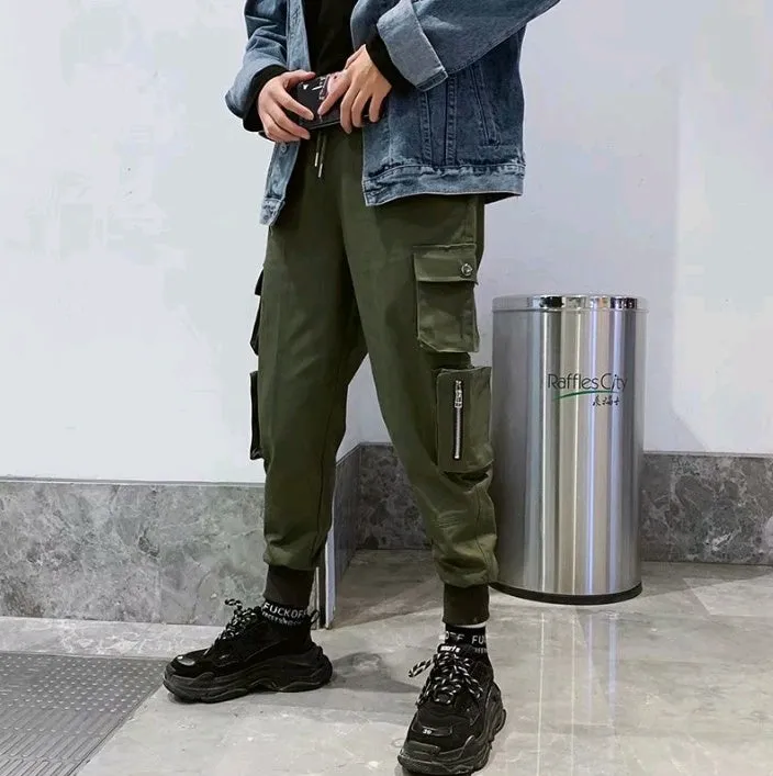 Men's loose fit cotton blend overalls in black, straight leg, mid waist, tether closure