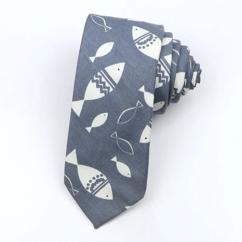 Korean style narrow men's cotton bow tie with cartoon pattern print in various colour options