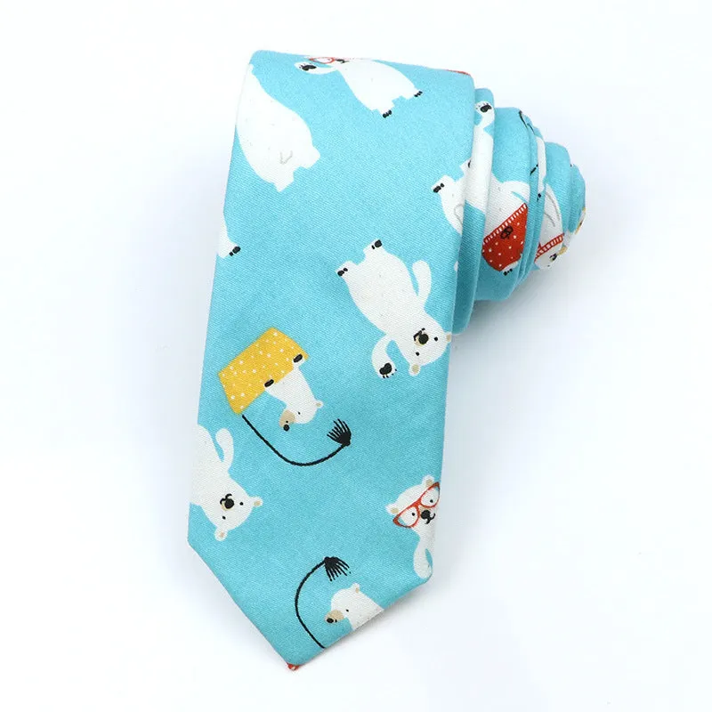 Korean style narrow men's cotton bow tie with cartoon pattern print in various colour options