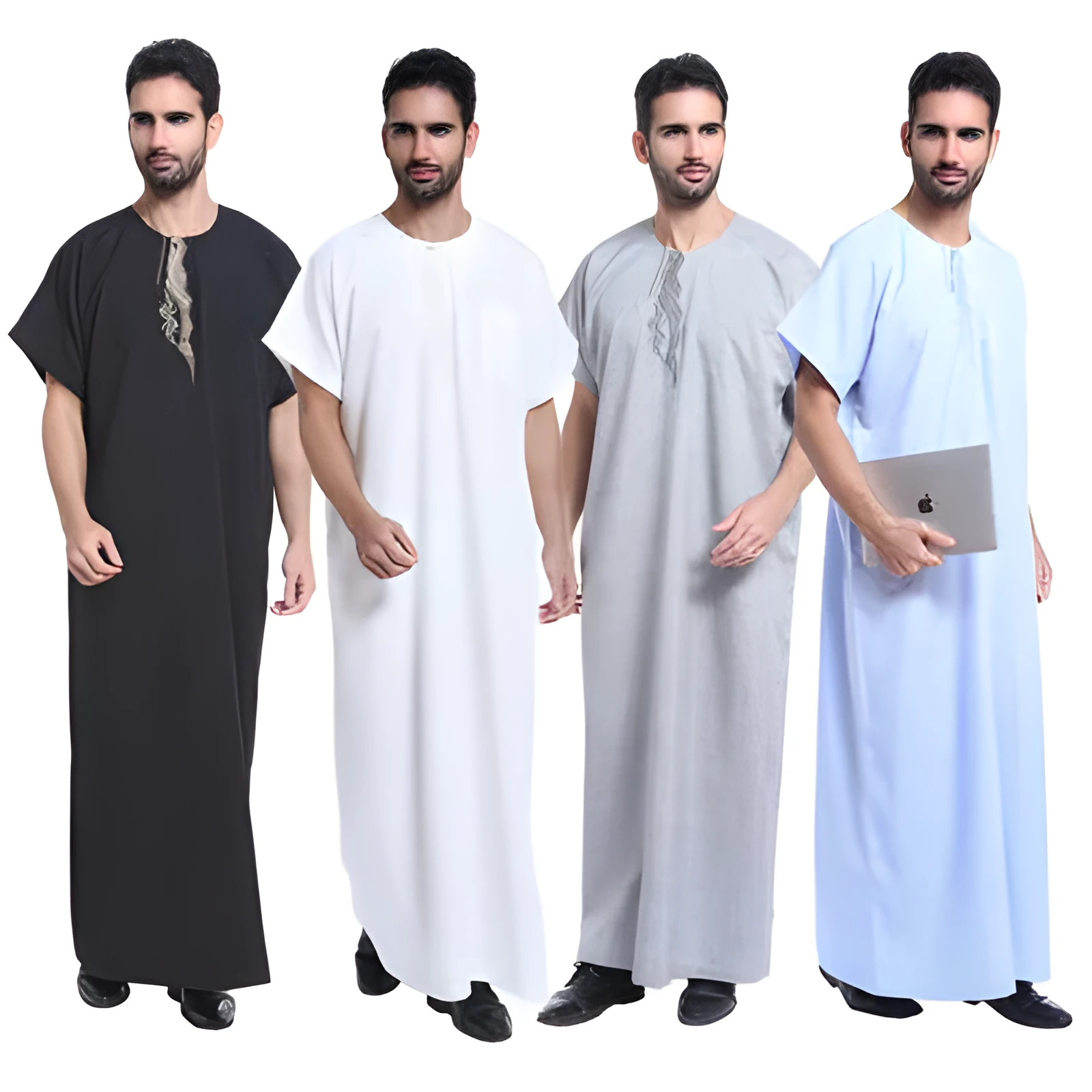 Muslim Arab Middle Eastern men's robe with embroidery in white hemp blended ramie fabric