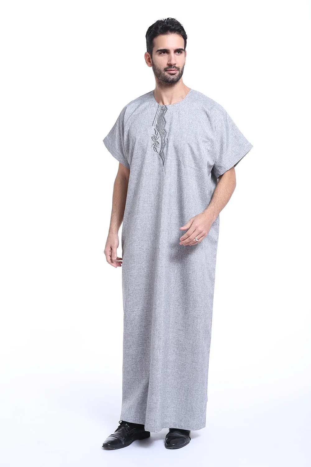 Muslim Arab Middle Eastern men's robe with embroidery in white hemp blended ramie fabric