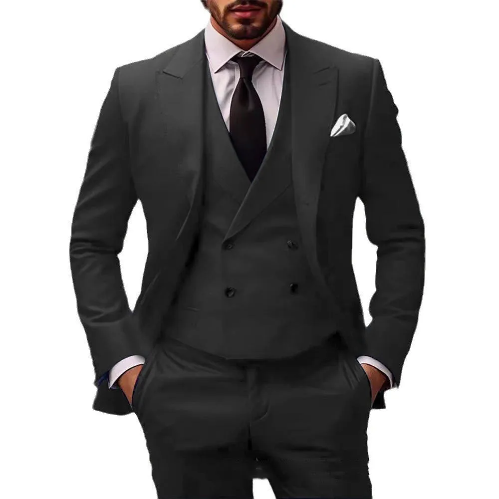 Plus size women's three-piece dress suit in cotton blend with vest jacket pants, available in multiple colours