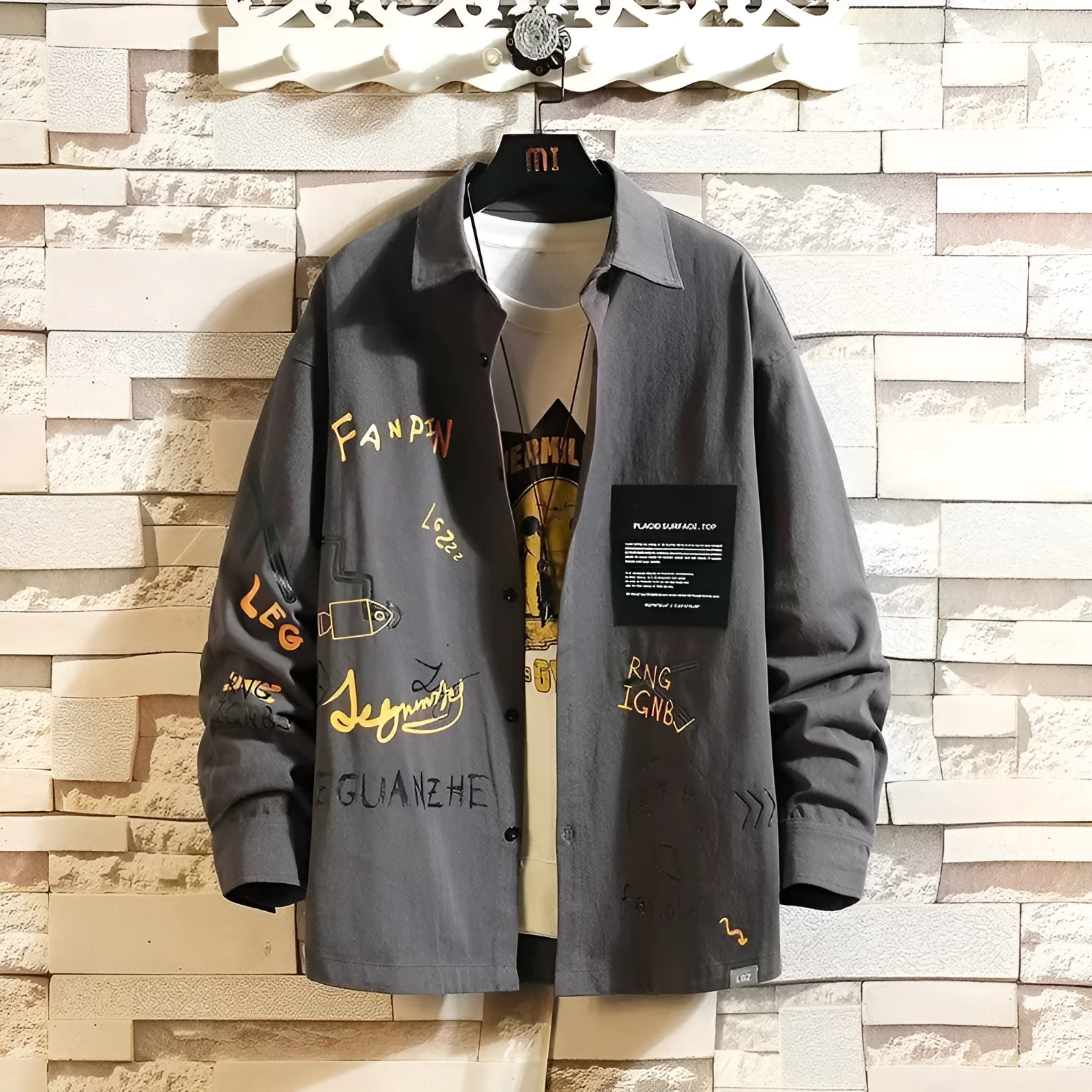 Men's loose casual floral cardigan long sleeve shirt in three colours: black, gray, and khaki