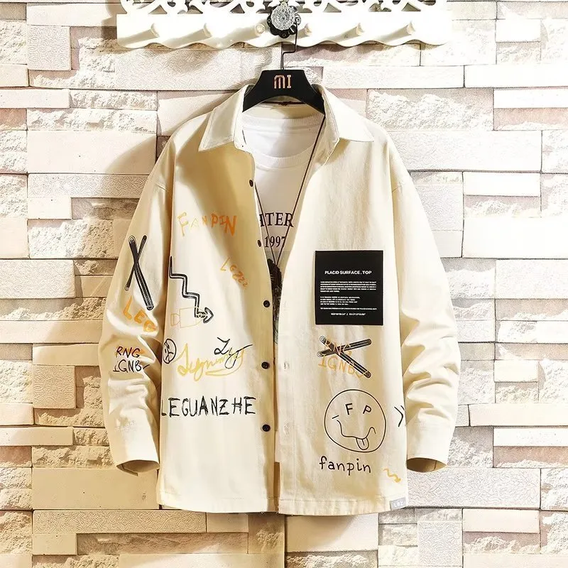 Men's loose casual floral cardigan long sleeve shirt in three colours: black, gray, and khaki
